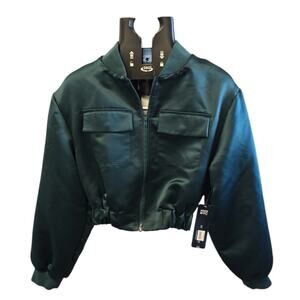 NWT Madden NYC Satin Cropped Emerald Green Full Zip Jacket Size XSMALL